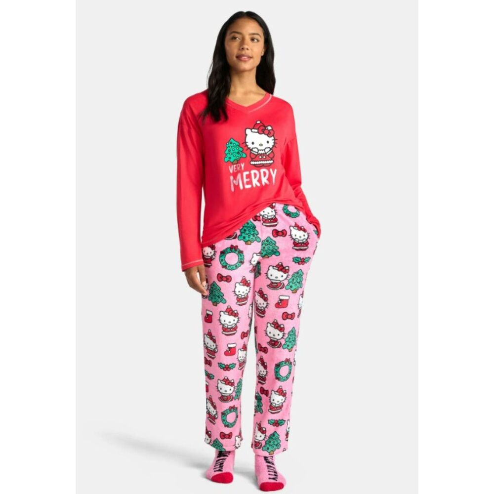 NEW Sz Medium (8-10) Holiday HELLO KITTY Christmas 3 Pc Comfy Pajama Lounge Set